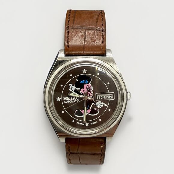 Rare Vintage Seiko Automatic Mickey Mouse Watch 6309 Japan Made Brown Strap - Picture 1 of 12